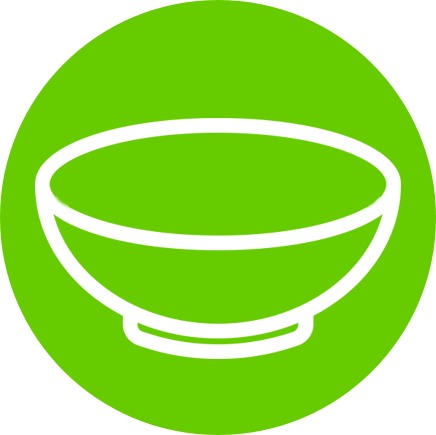 A green circle with a small illustration of a bowl outlined in white.