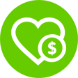 A green circle with a small illustration of an open heart with a money symbol all outlined in white.