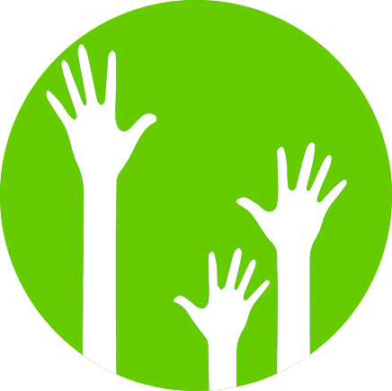 A green circle with three white hands raised.