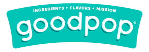 A green curved banner with white letters stating "Good Pop" with the tag line "All-Natural Frozen Pops"