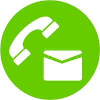 A green circle with a small illustration of a telephone receiver and a paper envelope all outlined in white.