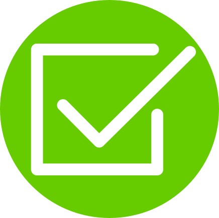 A green circle with a small illustration of a square box with a check mark inside all outlined in white.