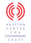 Three red lines curved to form a circle sit atop blue text stating "Houston Center For Contemporary Craft"