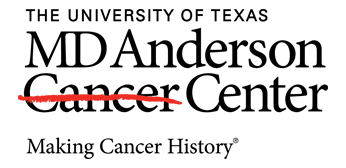 Black text on a white background with the title "The University of Texas, MD Anderson Cancer Center" with the word cancer marked out with a red line. Tag line states "Making Cancer History"