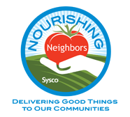 Hand holding tomato with Nourishing Neighbors title and Sysco brand logo. Tag line includes "Delivery Good Things To Our Communities"