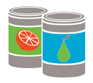 A colorful illustration of two canned goods filled with fruit.