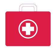 An illustration of a red first aid kit with a white cross emblem on the front.