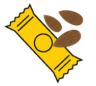An illustration of a granola bar wrapped in a bright yellow wrapper with a sprinkle of almonds laying next to the bar.