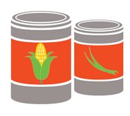 An illustration of two cans: one featuring corn on the label with the other featuring green beans on the label.