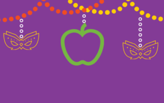 Orange and yellow beaded swag with brightly colored mardi gras masks and Houston Food Bank's iconic green apple hang decoratively on a purple background.