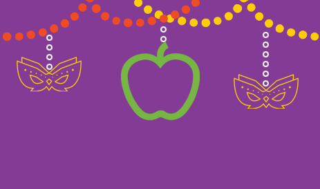 Orange and yellow beaded swag with brightly colored mardi gras masks and Houston Food Bank's iconic green apple hang decoratively on a purple background.