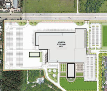 An aerial view rendering of the Houston Food Bank extension building located in the northwest side of Houston.