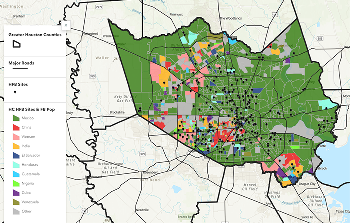 An illustration map of Harris County, Texas with sites denoted to represent the foreign born populations' primary country of origin.