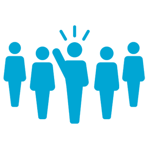 Group of people Illustration of five volunteers with hands raised in the air.