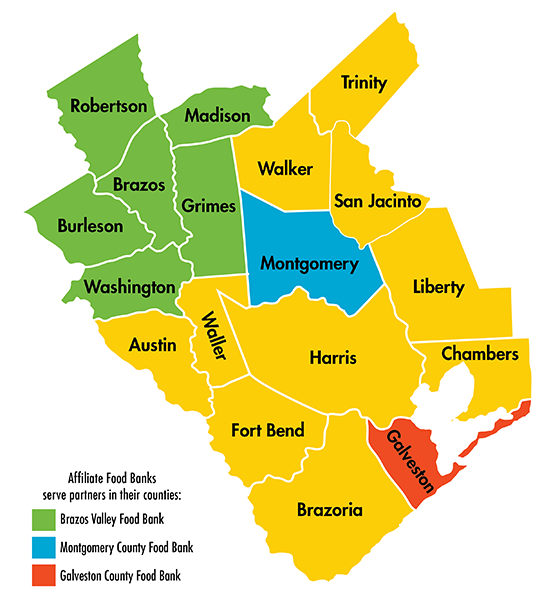 Houston Food Bank's service area spans across 18 counties in southeast Texas with the support of Affiliate Food Banks: Brazos Valley Food Bank, Montgomery Country Food Bank, and Galveston County Food Bank.