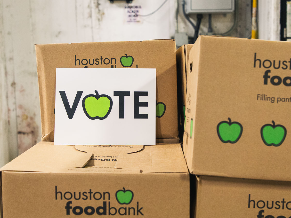 A sign saying Vote on top of Houston Food Bank emergency boxes.