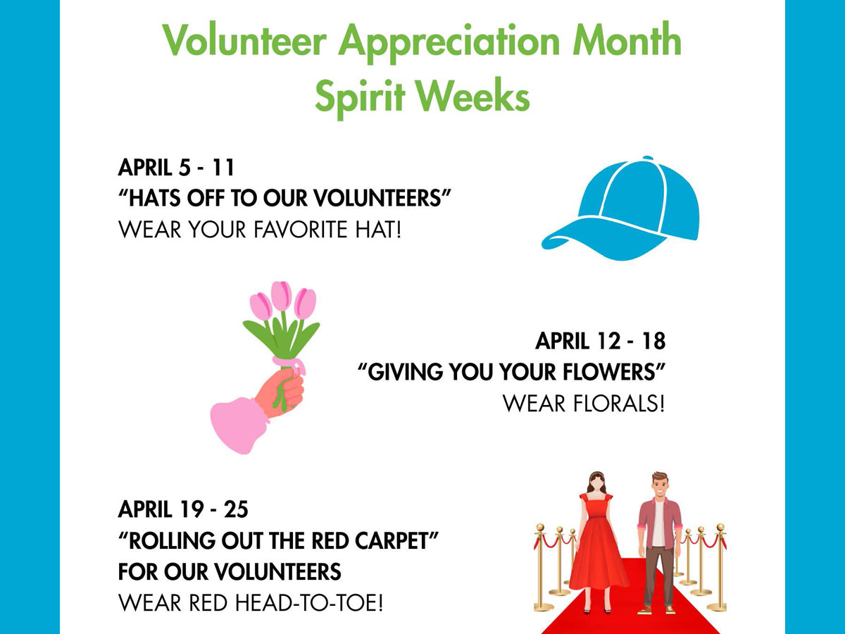 Volunteer Appreciation Month. April 5-11 volunteers and staff are encouraged to wear their favorite hat, as a hats off to all they do! April 12-18 floral patterns are in, as a way of giving flowers to our supporters. April 19-25 Dress in red as we roll out the red carpet for our volunteers!