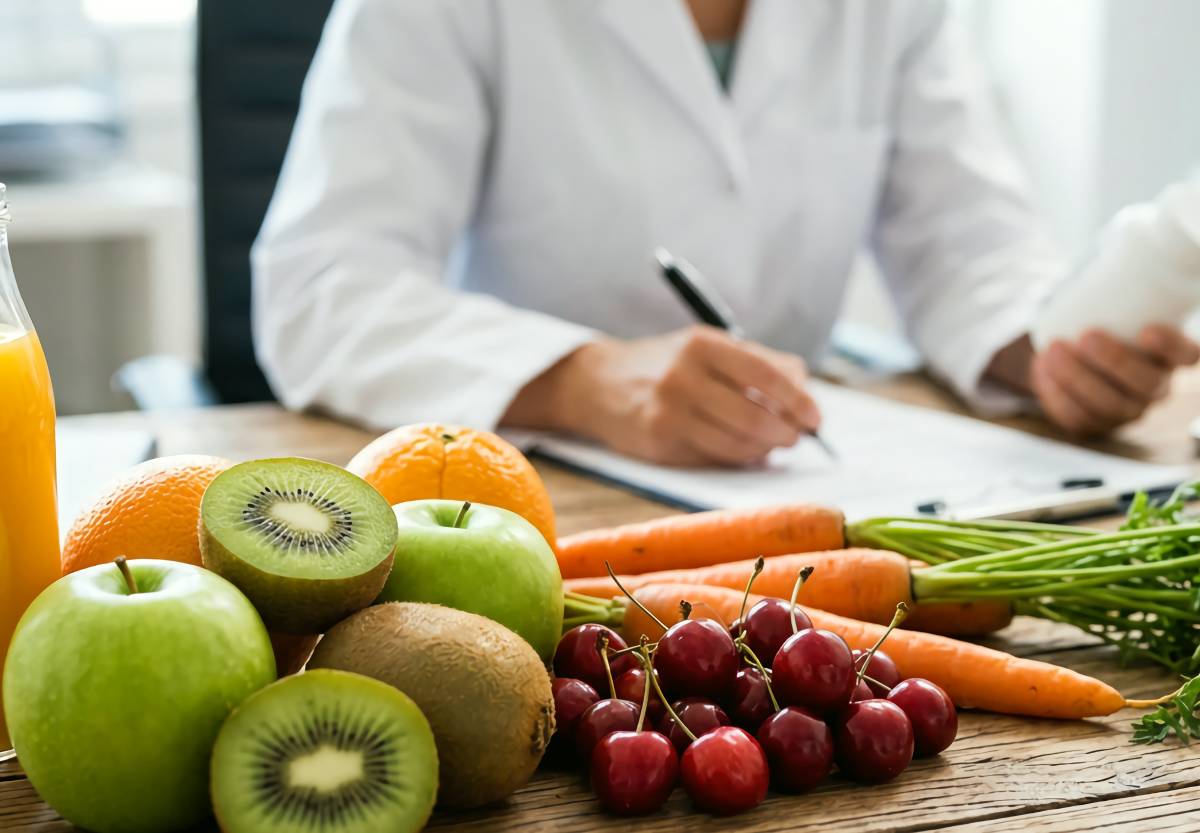 Fruits and vegetables on a wooden table with a person in a lab coat writing notes in the background
