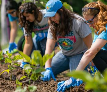 People planting in a garden, wearing gloves and hats