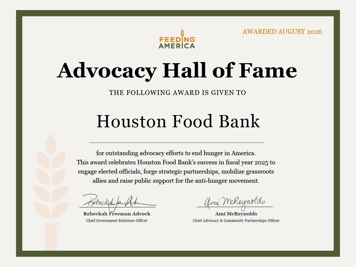Houston Food Bank's Feeding America Advocacy Hall of Fame Honoree certificate.